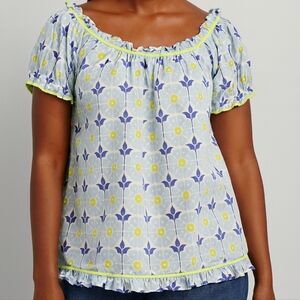 Lazybones Blue Multicolored Geometric Ruffle Blouse Size Small Cottagecore